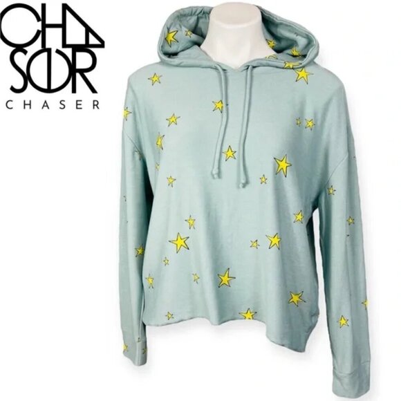 New Chaser Star Print Hi Low Cropped Drawstring Hoodie Pullover Sweatshirt XS - Picture 1 of 1